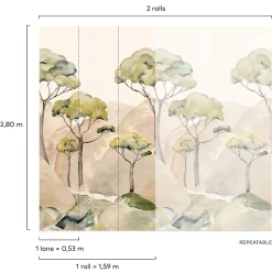 Papier peint panoramique intissé forêt beige, vert, 2 lés, L.280 x l.159 cm Grandeco Ravello