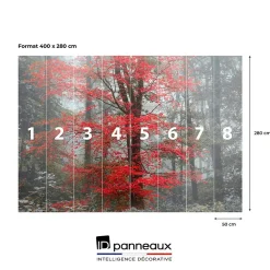 Papier peint panoramique intissé forêt arbre feuille rouge sur fond gris, 8 lés, L.280 x l.400cm IDPanneaux