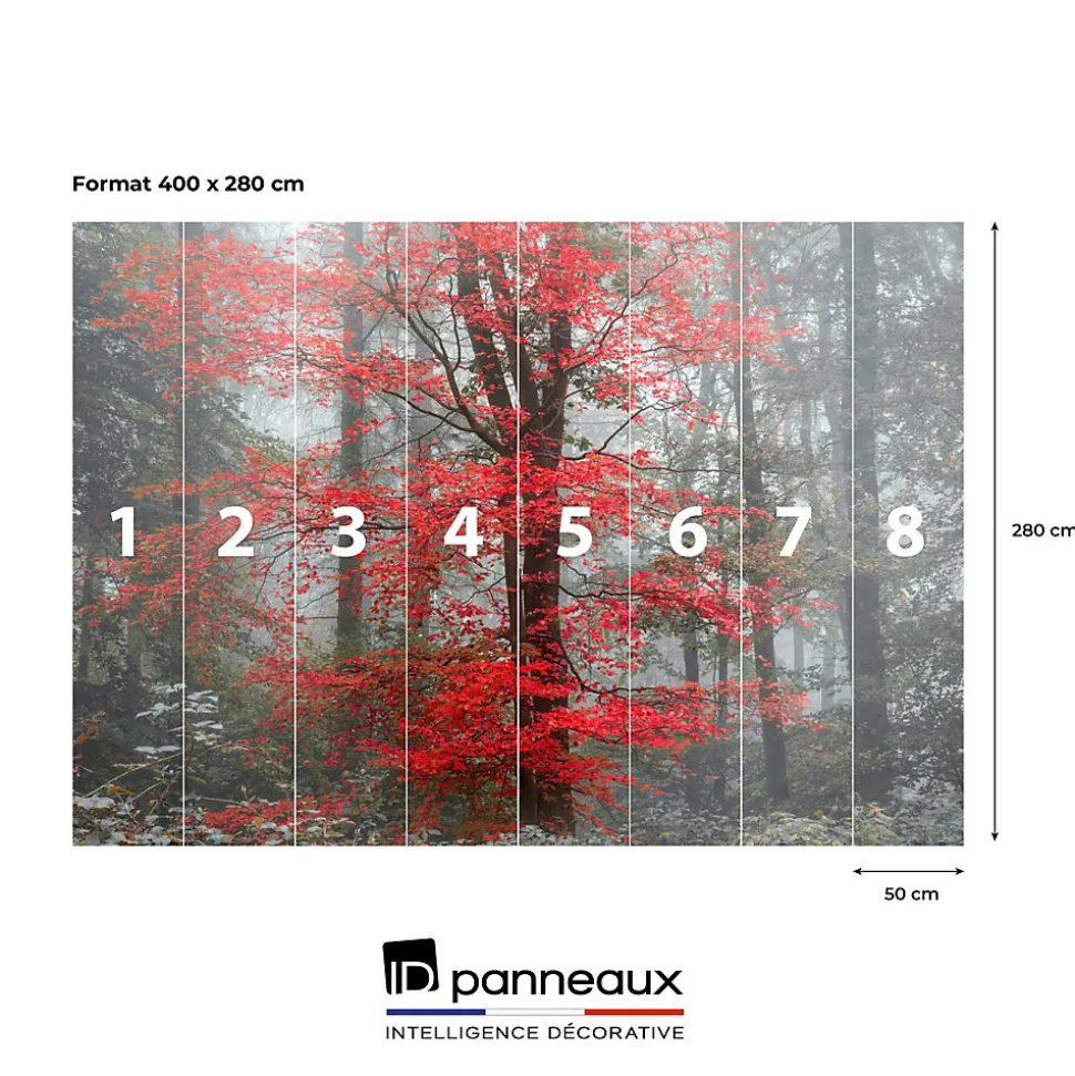 Papier peint panoramique intissé forêt arbre feuille rouge sur fond gris, 8 lés, L.280 x l.400cm IDPanneaux