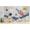 Papier peint panoramique intissé enfant fusée, astronaute, espace bleu, blanc, 8 lés, L.280 x l.400cm IDPanneaux