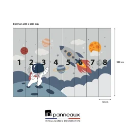 Papier peint panoramique intissé enfant fusée, astronaute, espace bleu, blanc, 8 lés, L.280 x l.400cm IDPanneaux