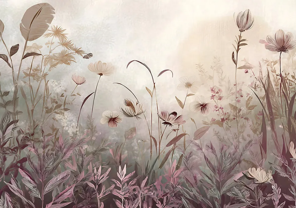 Papier Peint Panoramique Intissé Fleurs Prairie Beige - 400x280 cm - Papier Peint Chambre et salon