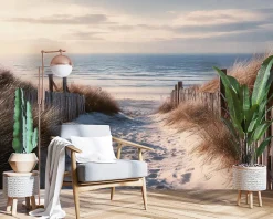 Papier Peint Panoramique Intissé Plage Mer Beige - 350x250 cm - Papier Peint Chambre et salon