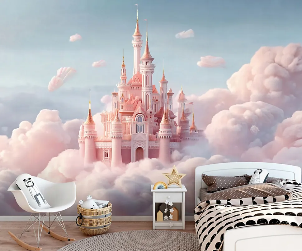 Papier Peint Panoramique Fille Château Rose - 350x250 cm - Papier Peint Enfant