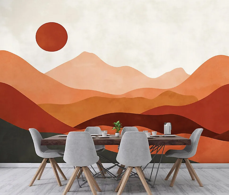 Papier Peint Panoramique Intissé Art Déco Montagnes Orange - 350x250 cm - Papier Peint Chambre et salon
