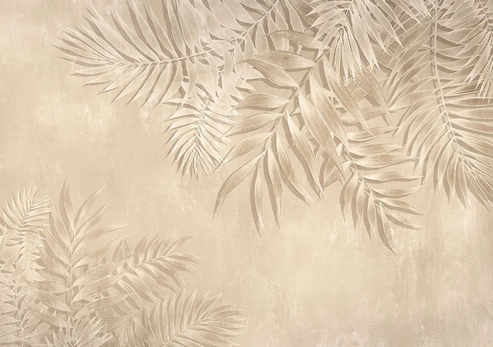 Papier Peint Panoramique Intissé Feuilles Béton Beige - 416x254 cm - Papier Peint Chambre et salon