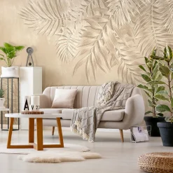 Papier Peint Panoramique Intissé Feuilles Béton Beige - 416x254 cm - Papier Peint Chambre et salon