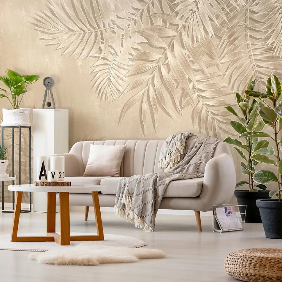 Papier Peint Panoramique Intissé Feuilles Béton Beige - 416x254 cm - Papier Peint Chambre et salon