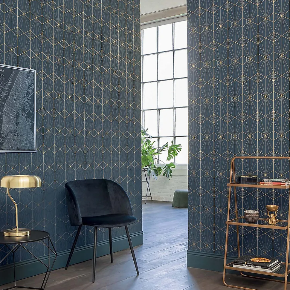 Papier peint Park avenue vinyle intissé motif art déco bleu et or