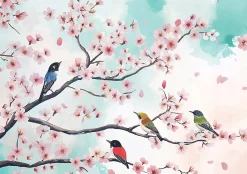 Papier Peint Photo Pour Chambre Oiseaux Fleurs Brindilles 350x250 cm