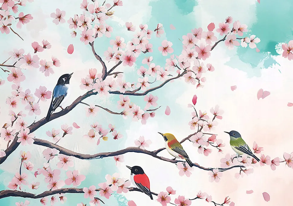 Papier Peint Photo Pour Chambre Oiseaux Fleurs Brindilles 350x250 cm
