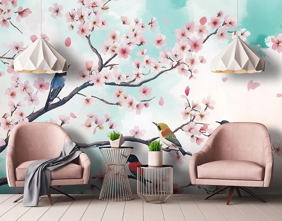 Papier Peint Photo Pour Chambre Oiseaux Fleurs Brindilles 350x250 cm