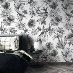 Papier peint plantes à fleurs de lotus noir et blanc - 85x260 cm (l x h)