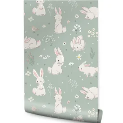 Papier Peint Pour Chambre D'Enfant Avec D'Adorables Lapins Blancs Fleurs