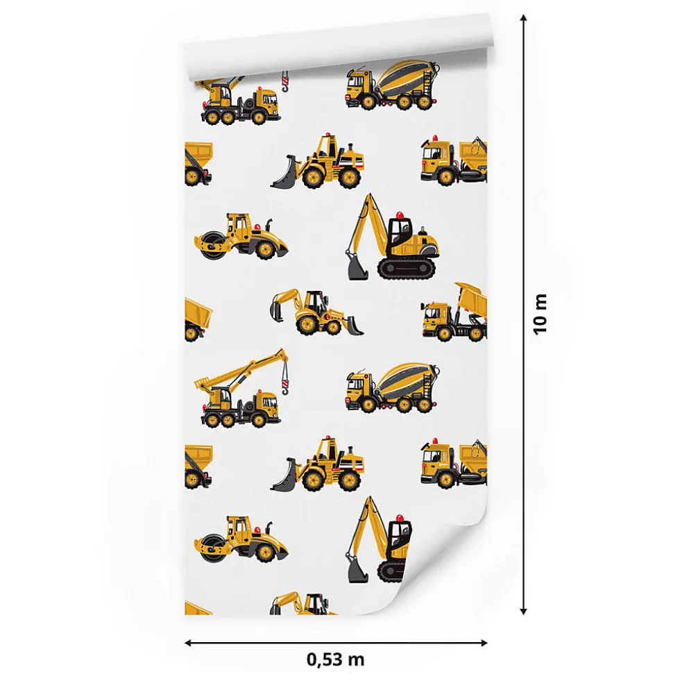 Papier Peint Pour Chambre D'Enfant EXCAVATRICES Voitures De Chantier Jaunes