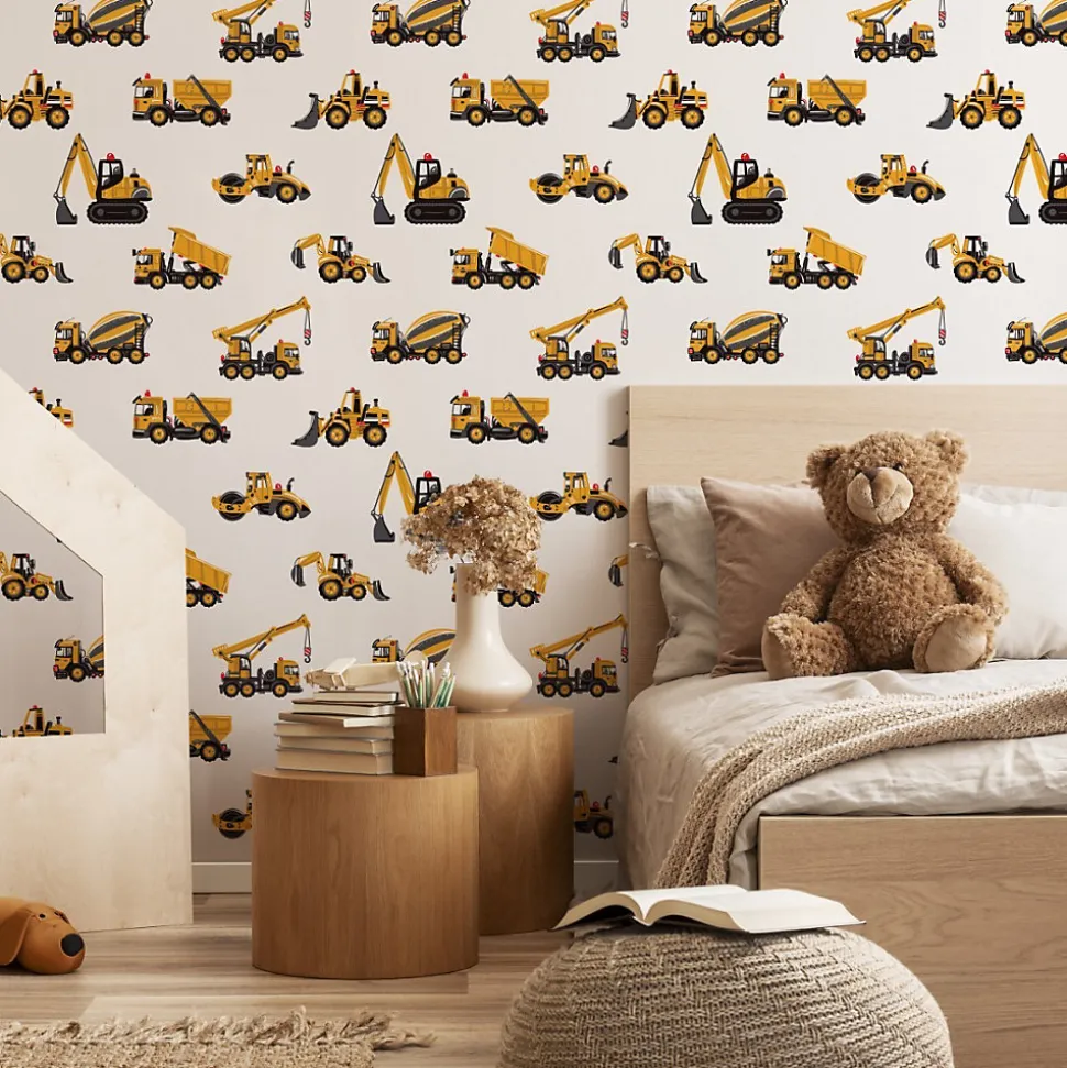 Papier Peint Pour Chambre D'Enfant EXCAVATRICES Voitures De Chantier Jaunes
