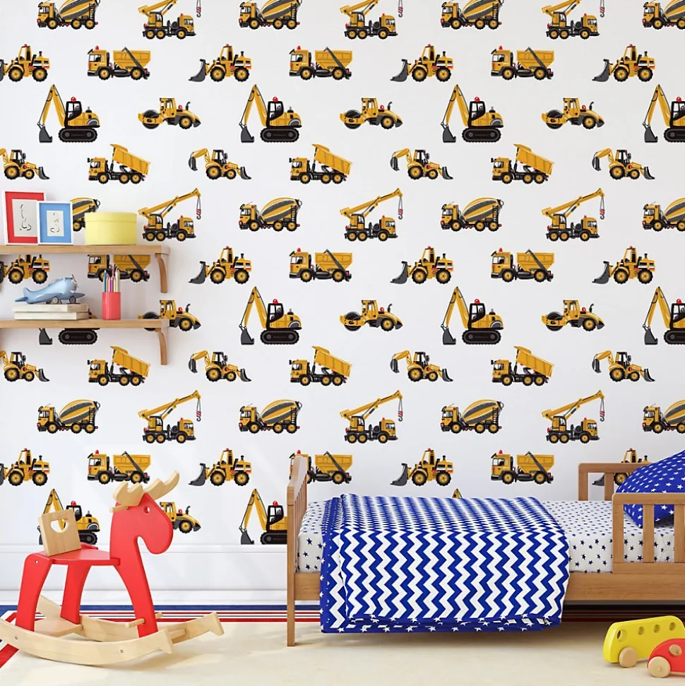 Papier Peint Pour Chambre D'Enfant EXCAVATRICES Voitures De Chantier Jaunes