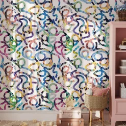 Papier peint pour enfants illustrant des confettis colorés - 510x260 cm (l x h)