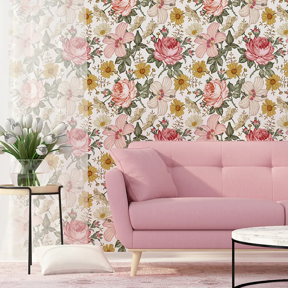 Papier Peint Pour La Chambre FLEURS Pivoines Hibiscus Pastel Nature