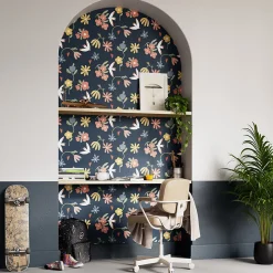 Papier peint pré-encollé vinyle fleuri Easy Roll GoodHome Blitz fleurs bleu l.53 x H.1005 cm