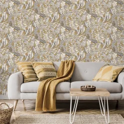 Papier peint pré-encollé vinyle intissé feuillage Easy Roll GoodHome Balito ocre l.53 x H.1005 cm