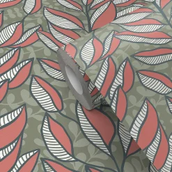 Papier peint pré-encollé vinyle intissé feuillage Easy Roll GoodHome Baotou feuilles roses l.53 x H.1005 cm