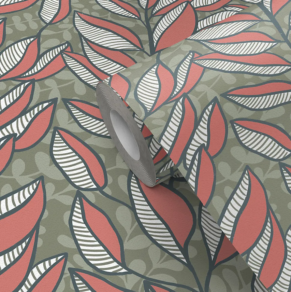 Papier peint pré-encollé vinyle intissé feuillage Easy Roll GoodHome Baotou feuilles roses l.53 x H.1005 cm