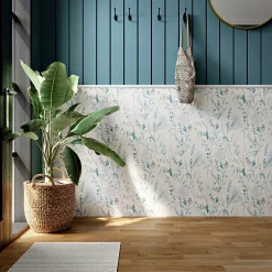 Papier peint pré-encollé vinyle intissé eucalyptus Easy Roll GoodHome Elcot bleu pastel l.53 x H.1005 cm