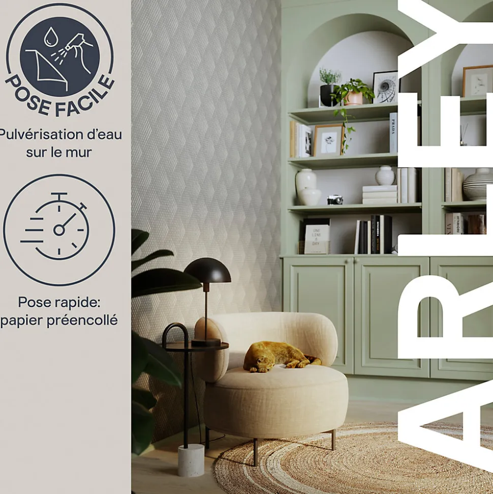 Papier peint pré-encollé vinyle intissé géométrique Easy Roll GoodHome Arley gris l.53 x H.1005 cm