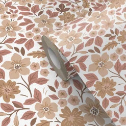 Papier peint pré-encollé vinyle fleuri Easy Roll GoodHome Aani fleurs terracotta, rose l.53 x H.1005 cm
