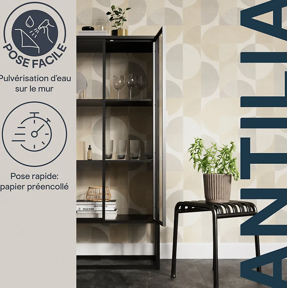 Papier peint pré-encollé vinyle intissé géométrique Easy Roll GoodHome Antilia beige l.53 x H.1005 cm