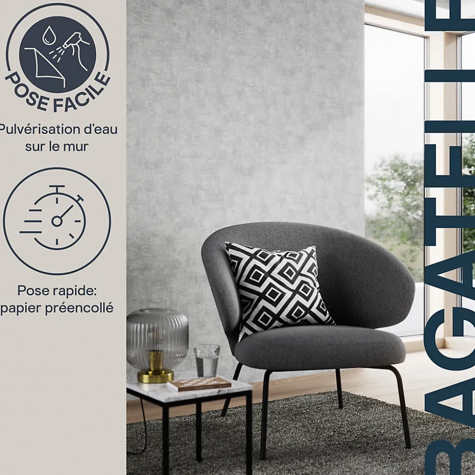 Papier peint pré-encollé vinyle intissé uni Easy Roll GoodHome Bagatelle gris l.53 x H.1005 cm