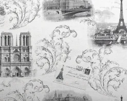 Papier peint romantique EDEM 9050-10 Paris Tour Eiffel Notre Dame Papier peint intissé gaufré shabby chic satiné blanc gris
