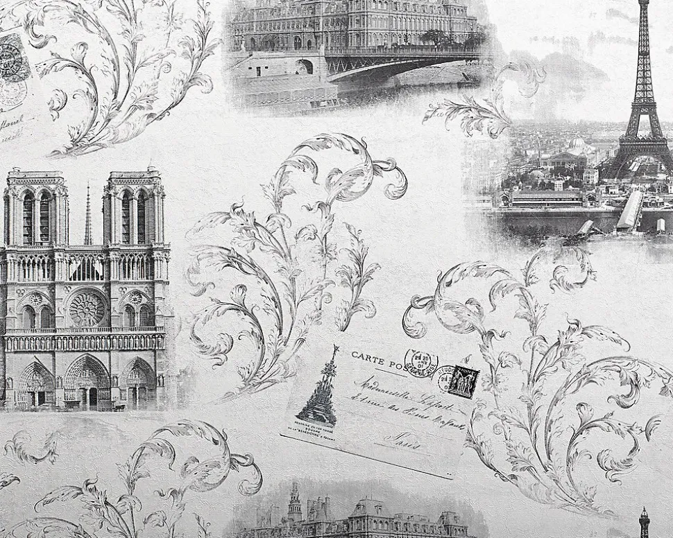 Papier peint romantique EDEM 9050-10 Paris Tour Eiffel Notre Dame Papier peint intissé gaufré shabby chic satiné blanc gris