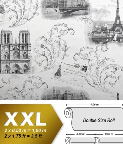 Papier peint romantique EDEM 9050-10 Paris Tour Eiffel Notre Dame Papier peint intissé gaufré shabby chic satiné blanc gris