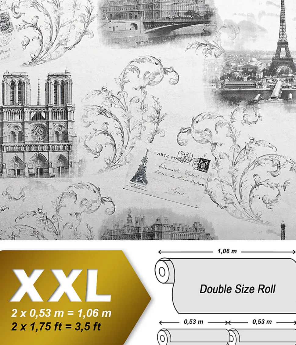 Papier peint romantique EDEM 9050-10 Paris Tour Eiffel Notre Dame Papier peint intissé gaufré shabby chic satiné blanc gris