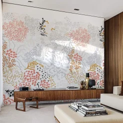Papier peint sobre illustrant fleurs et feuilles abstraites - 510x260 cm (l x h)