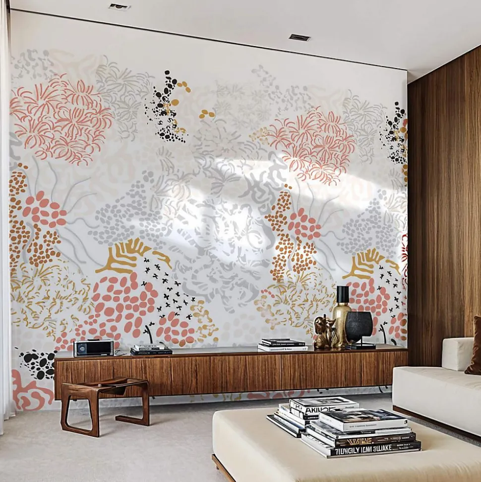Papier peint sobre illustrant fleurs et feuilles abstraites - 510x260 cm (l x h)