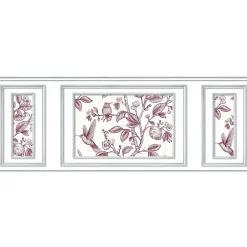 Papier peint trompe l'oeil boiserie, fleurs et oiseaux, 75x200cm. Décoration murale intérieure panoramique.