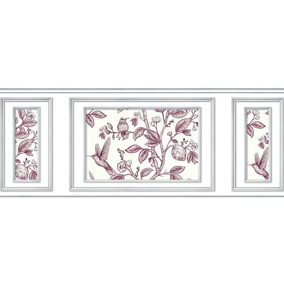 Papier peint trompe l'oeil boiserie, fleurs et oiseaux, 75x200cm. Décoration murale intérieure panoramique.
