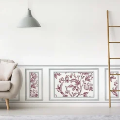 Papier peint trompe l'oeil boiserie, fleurs et oiseaux, 75x200cm. Décoration murale intérieure panoramique.
