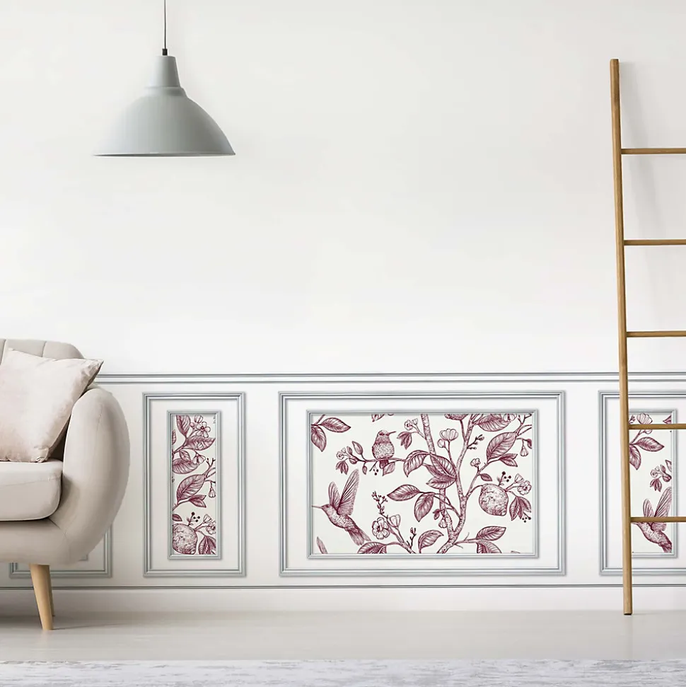 Papier peint trompe l'oeil boiserie, fleurs et oiseaux, 75x200cm. Décoration murale intérieure panoramique.