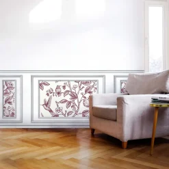 Papier peint trompe l'oeil boiserie, fleurs et oiseaux, 75x200cm. Décoration murale intérieure panoramique.