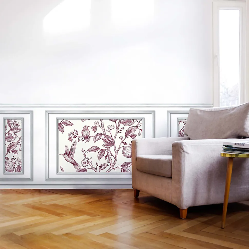 Papier peint trompe l'oeil boiserie, fleurs et oiseaux, 75x200cm. Décoration murale intérieure panoramique.