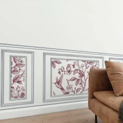 Papier peint trompe l'oeil boiserie, fleurs et oiseaux, 75x200cm. Décoration murale intérieure panoramique.