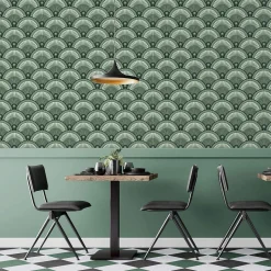 Papier peint vintage avec motifs géométriques verts - 510x260 cm (l x h)