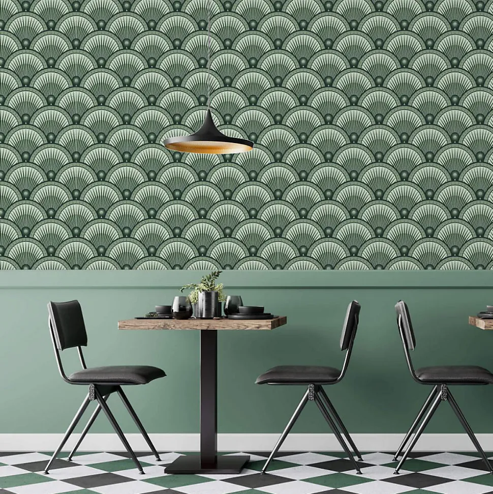 Papier peint vintage avec motifs géométriques verts - 510x260 cm (l x h)