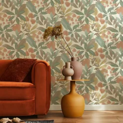 Papier peint vinyle expansé intissé feuillage Tropico vert, terracotta L.1005 x l.53cm Rasch