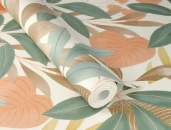 Papier peint vinyle expansé intissé feuillage Tropico vert, terracotta L.1005 x l.53cm Rasch
