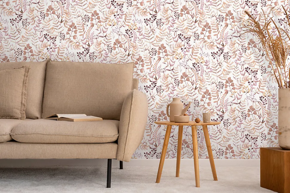 Papier peint vinyle grainé sur intissé botanique Olivia feuillage rose L.1001 x l.53 cm Ugépa